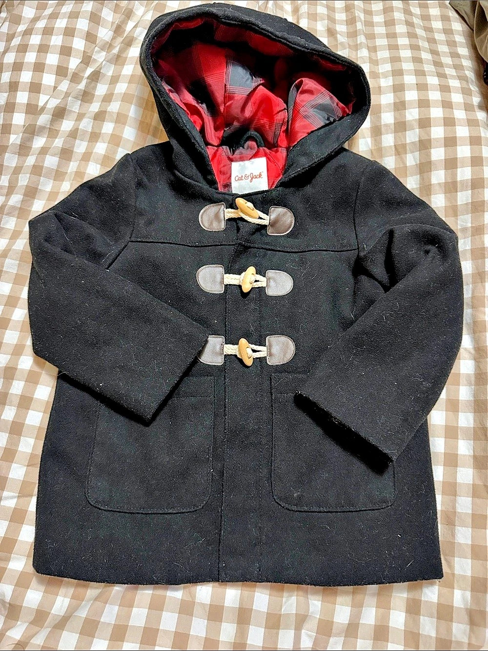 Cat & Jack Toddler Toggle Hooded Coat Girls' Plaid Pea Coat 3T